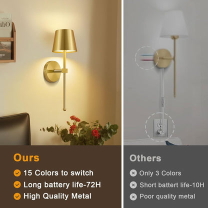 LIGHTESS Battery Operated Wall Sconce Set of Two with Touch and Remote Control, Dimmable Rechargeable Wall Lights for Living Room, Bedroom, Hallway (Gold)
