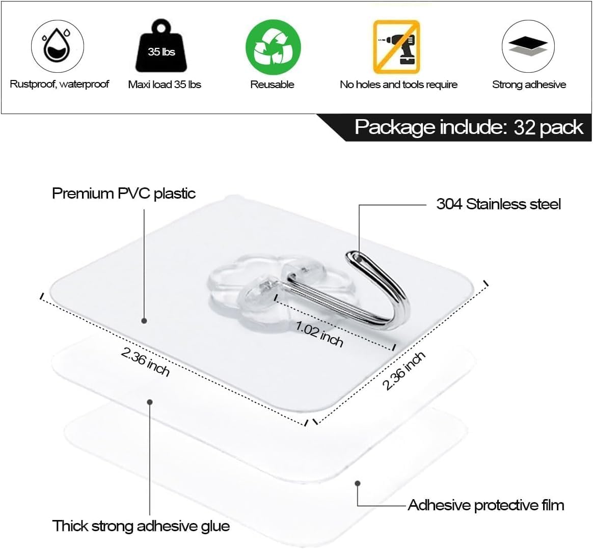 D Global Clear Adhesive Wall Hooks, Heavy Duty Self Adhesive, Waterproof & Removable, No Damage for Bathroom Kitchen Outdoor Use (12 Separable Large Hook)