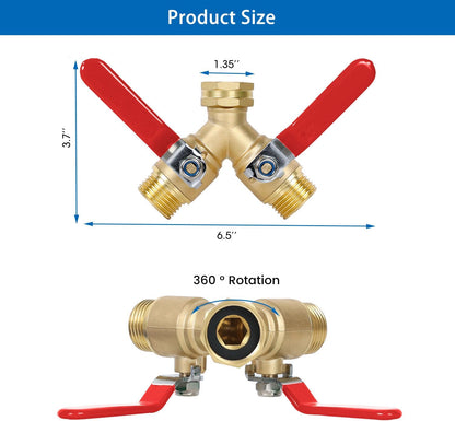 Garden Hose Splitter 2-Ways with Long Stainless Steel Handle, Full Flow Hose Splitter Connector Heavy Duty Brass, 3/4" GHT Thread Y Valve, Water Garden Hose Tap Adapter