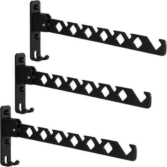 Wall Mounted Clothes Hanger Rack, Heavy Duty Folding Garment Hooks with Swing Arm, Space Saving Laundry Drying Organizer for Bathroom Bedroom, Black 3-Pack