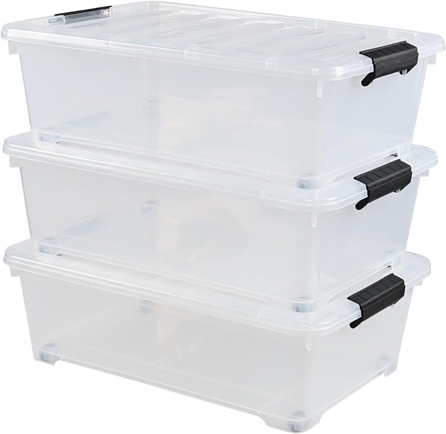 Gloreen 3 Pack Large Under Bed Storage Boxes with Wheels, 50 Quart Clear Plastic Lidded Storage Bins