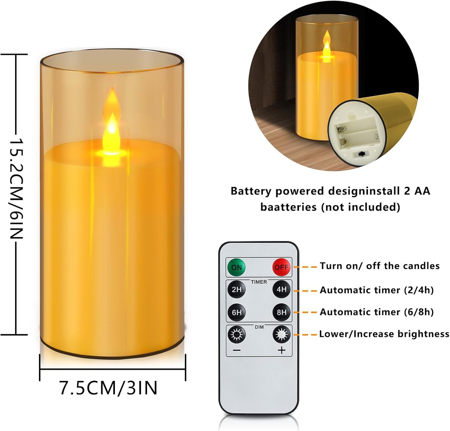wemarry Flameless Candles 4" 5" 6" Acrylic Glass Pillars 3" Diameter Battery Operated Flickering Candles Include 8-Key Remote with Timer Function 400+ Hours (Amber, Warm Light 3 Pack)