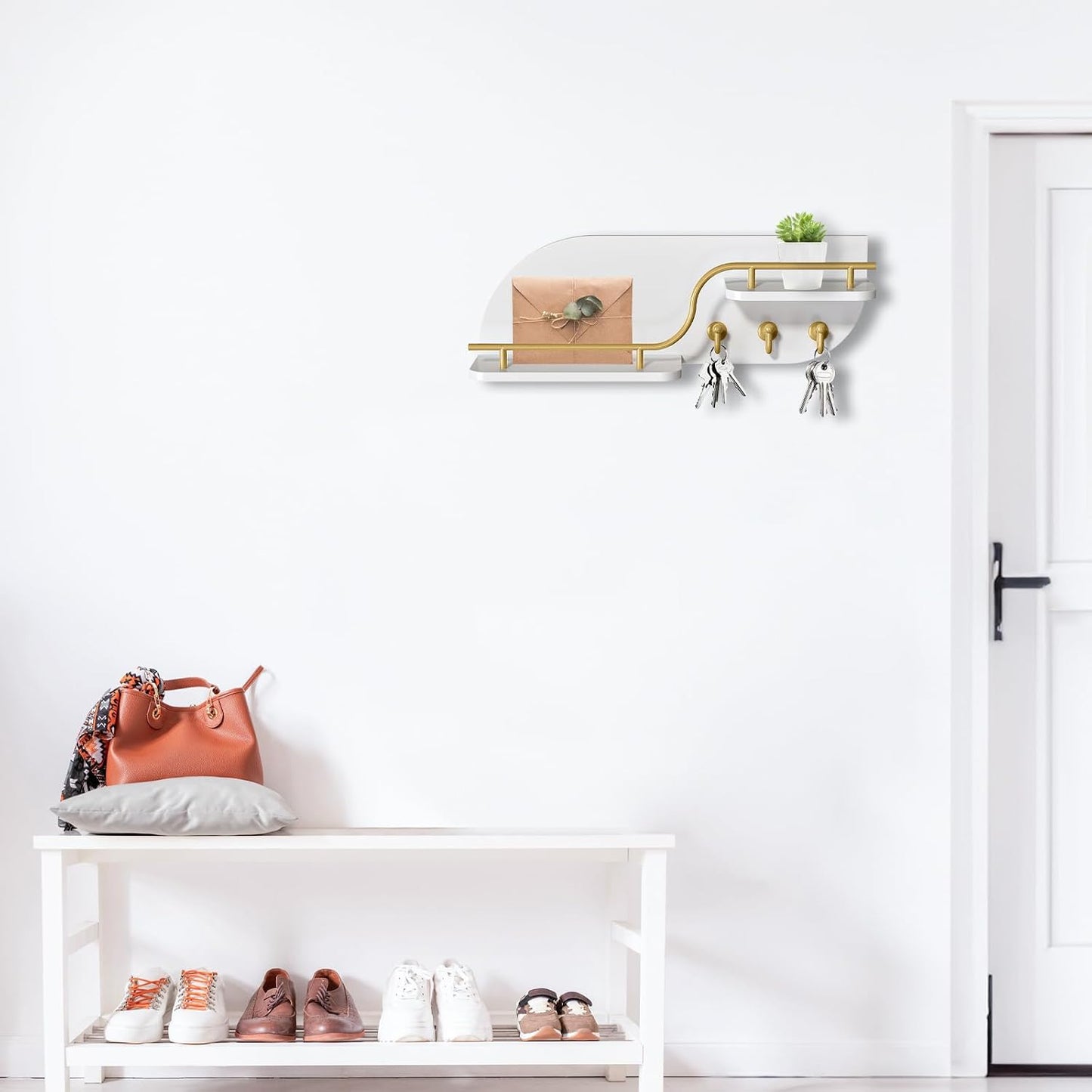 Key Holder for Wall, Decorative Key and Mail Organizer with 6 Sturdy Metal Hooks and Floating Shelf, 14 Inches Wood Wall Mounted Key Rack for Entryway, White and Gold