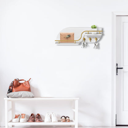 Key Holder for Wall, Decorative Key and Mail Organizer with 6 Sturdy Metal Hooks and Floating Shelf, 14 Inches Wood Wall Mounted Key Rack for Entryway, White and Gold