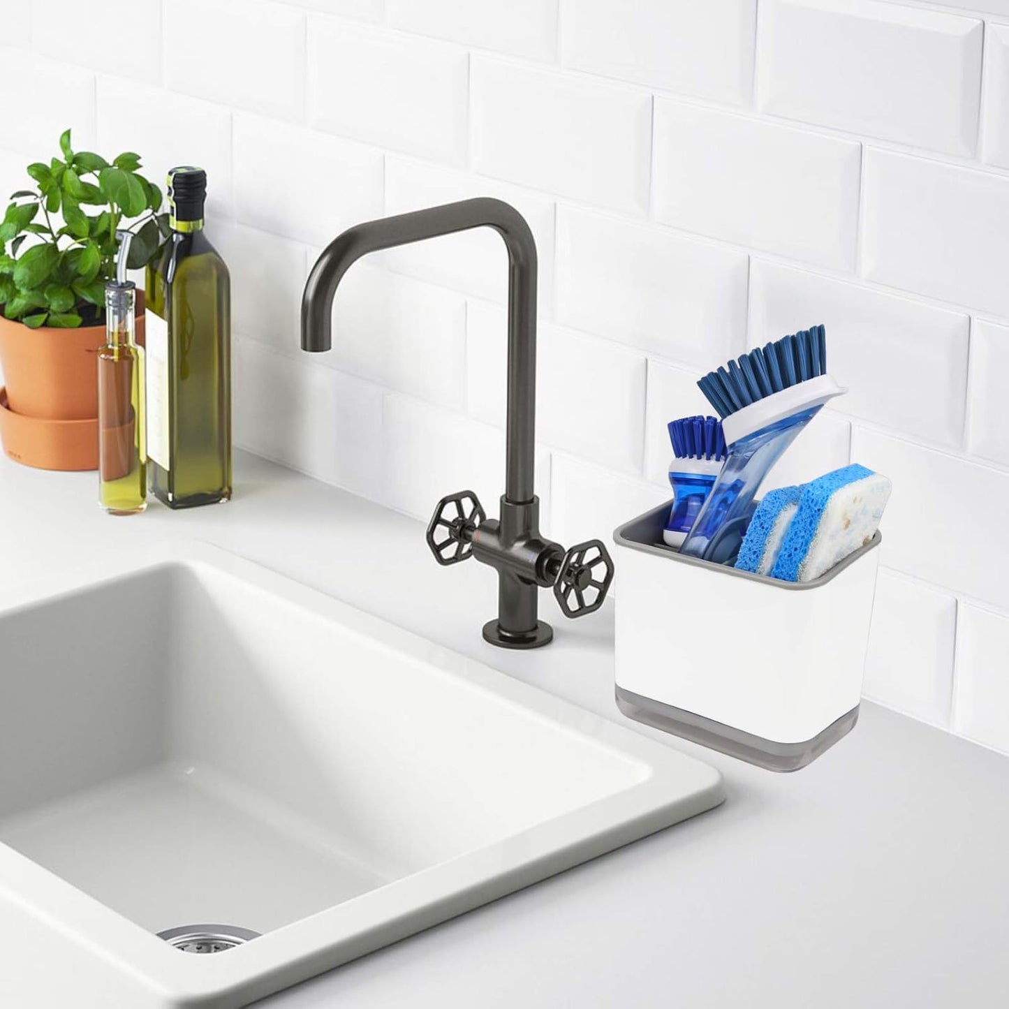 KeFanta Sink Caddy for Countertop, Sponge Holder for Kitchen Sink, Dish Sponge and Brush Holder, Plastic Dish Scrubber Organizer with Drain Pan, Black