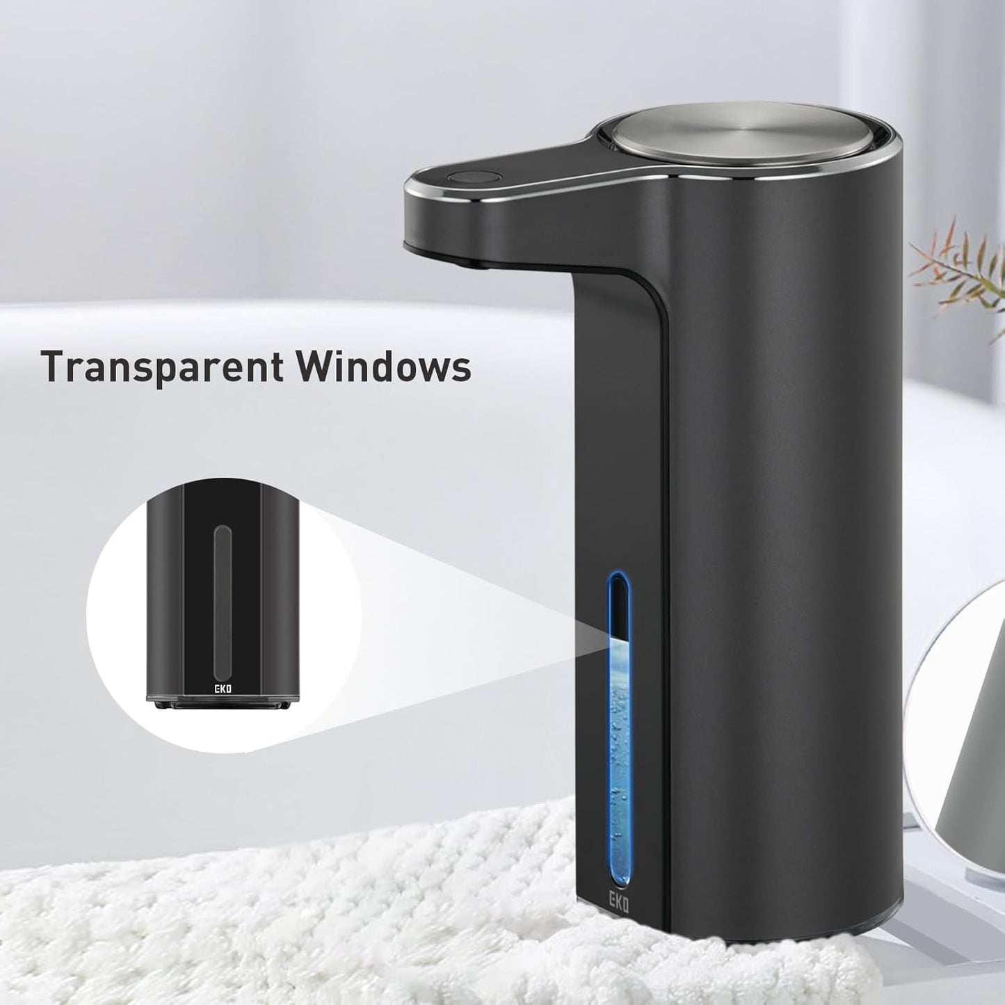 EKO Aroma 9 fl oz Automatic Liquid Soap Dispenser, Rechargeable & Water-Resistant Soap Dispenser for Kitchen and Bathroom with Adjustable Volume Control (Matte Black Steel)