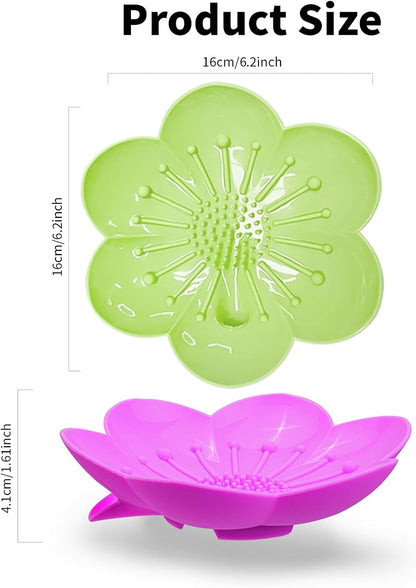Soap Dishes 2 Pack Self Draining XL Flexible Bar Holder for Shower Steamer, Silicone Flower Soap Saver Tray for Counter Bathtub Sink Bathroom Decor with Drainage -Mirror Surface Easy Clean, Grey/Blue