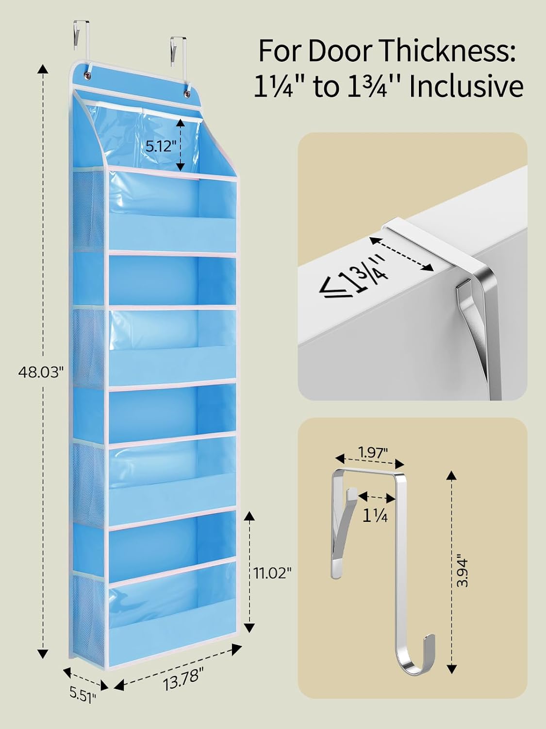 Yecaye 5 Tier Over the Door Organizer, Swing-proof Door Organizer Hanging with Clear PVC Windows, Behind the Door Storage for Bedroom Nursery Closet Laundry Pantry Bathroom, Grey