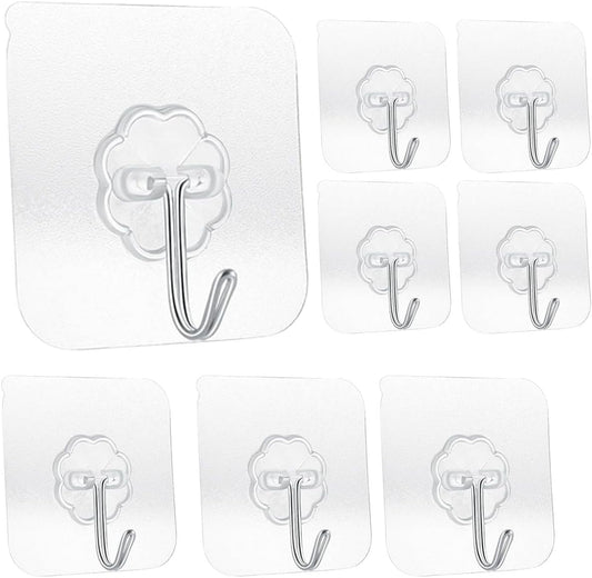Transparent Adhesive Hooks 30 lb(Max), Waterproof and Oilproof Reusable Seamless Hooks, Heavy Duty Wall Hook for Kitchen Bathroom Office (8 Pack) Transparen