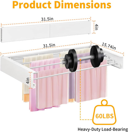 Wall Mounted Laundry Drying Rack, 31.5'' Collapsible Clothes Rack with 5 Rods, Heavy Duty Foldable Space Saving Laundry Drying Rack for Clothing & Towels