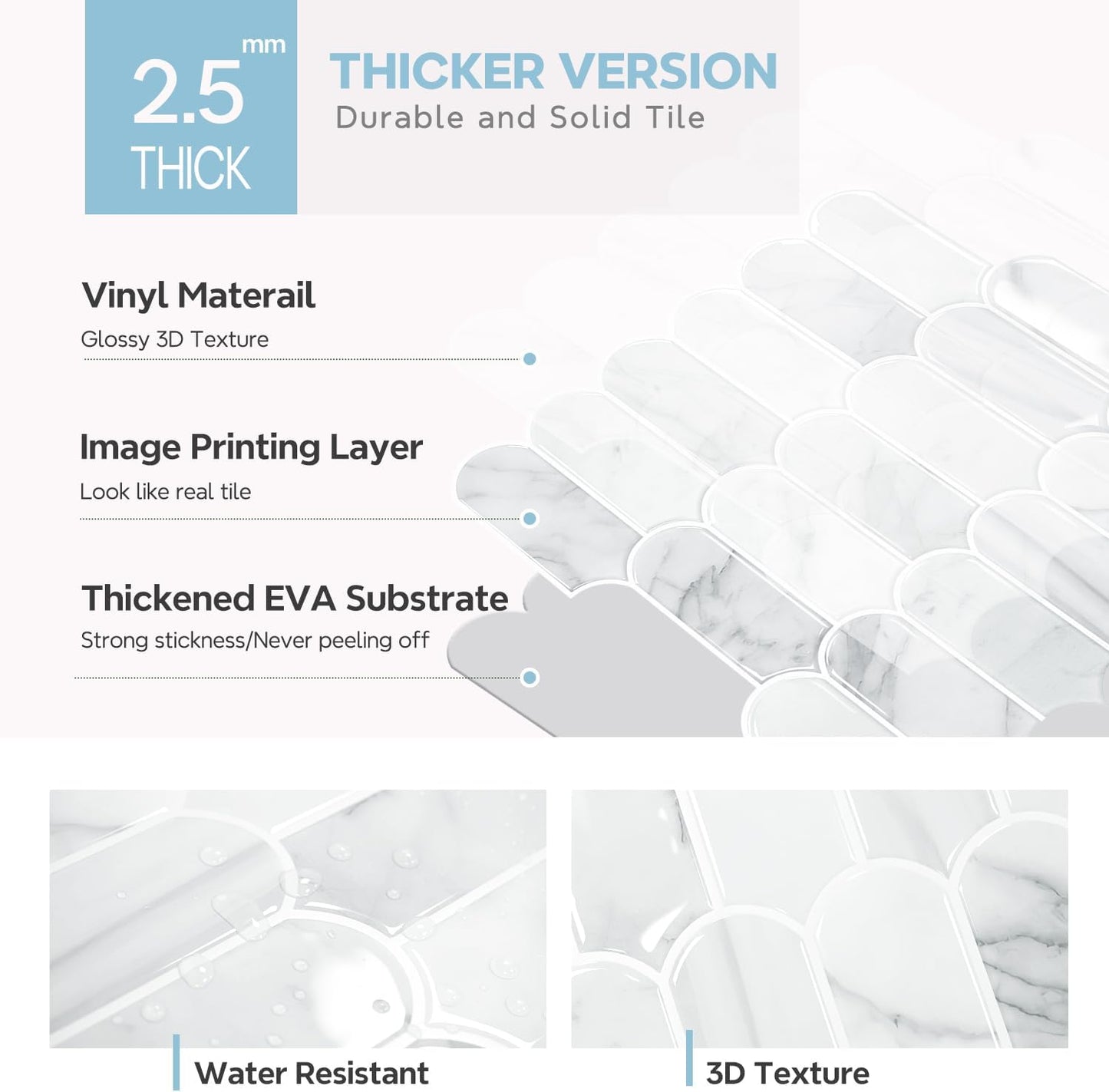 Vamos Tile Upgraded Thicker Design Peel and Stick Backsplash Tile, Self Adhesive Vinyl Wall Tiles, Stick on Backsplash for Kitchen, Bathroom, RV,Pantry,10-Sheet Grayish Blue Marble with White Grout