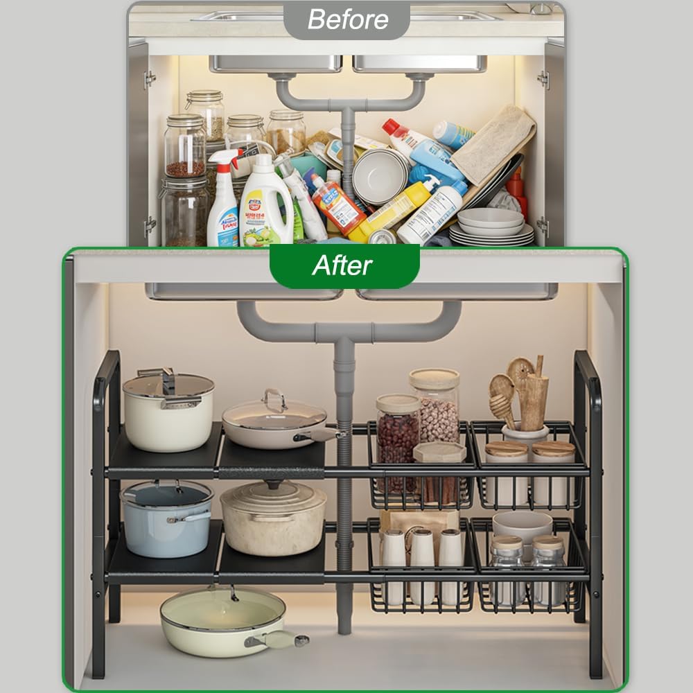 Under Sink Organizer and Storage 2 Tier Expandable Shelves Kitchen Cabinet Crganizers with 4 Baskets and 4 Panels for Bathroom Counter shelf Pantry