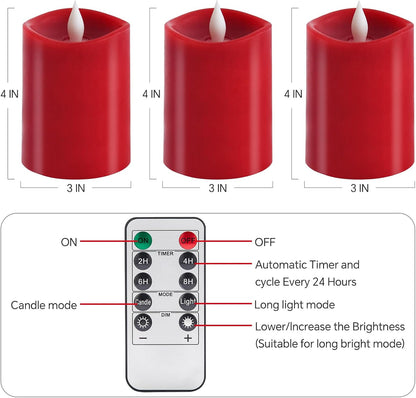 3x4 Flickering Flameless Candles Set of 3,Real Wax Pillar LED Candles,with Timer,4 inch Flameless Candles with Remote,for Party Wedding Holiday Home Decor,Ivory