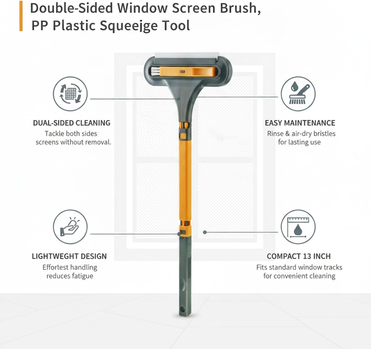 Sturdy PP Plastic Double-Sided Window Screen Brush, 13-Inch Squeegee Tool for Efficient In-Place Mesh Cleaning