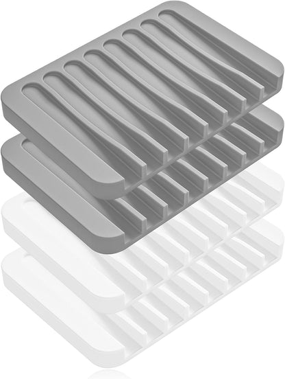 4-Pack Self Draining Soap Dish for Shower Bathroom Waterfall Silicone Soap Saver Tray Sponge Holder for Kitchen Sink Non-Slip Easy Clean (Black and White)