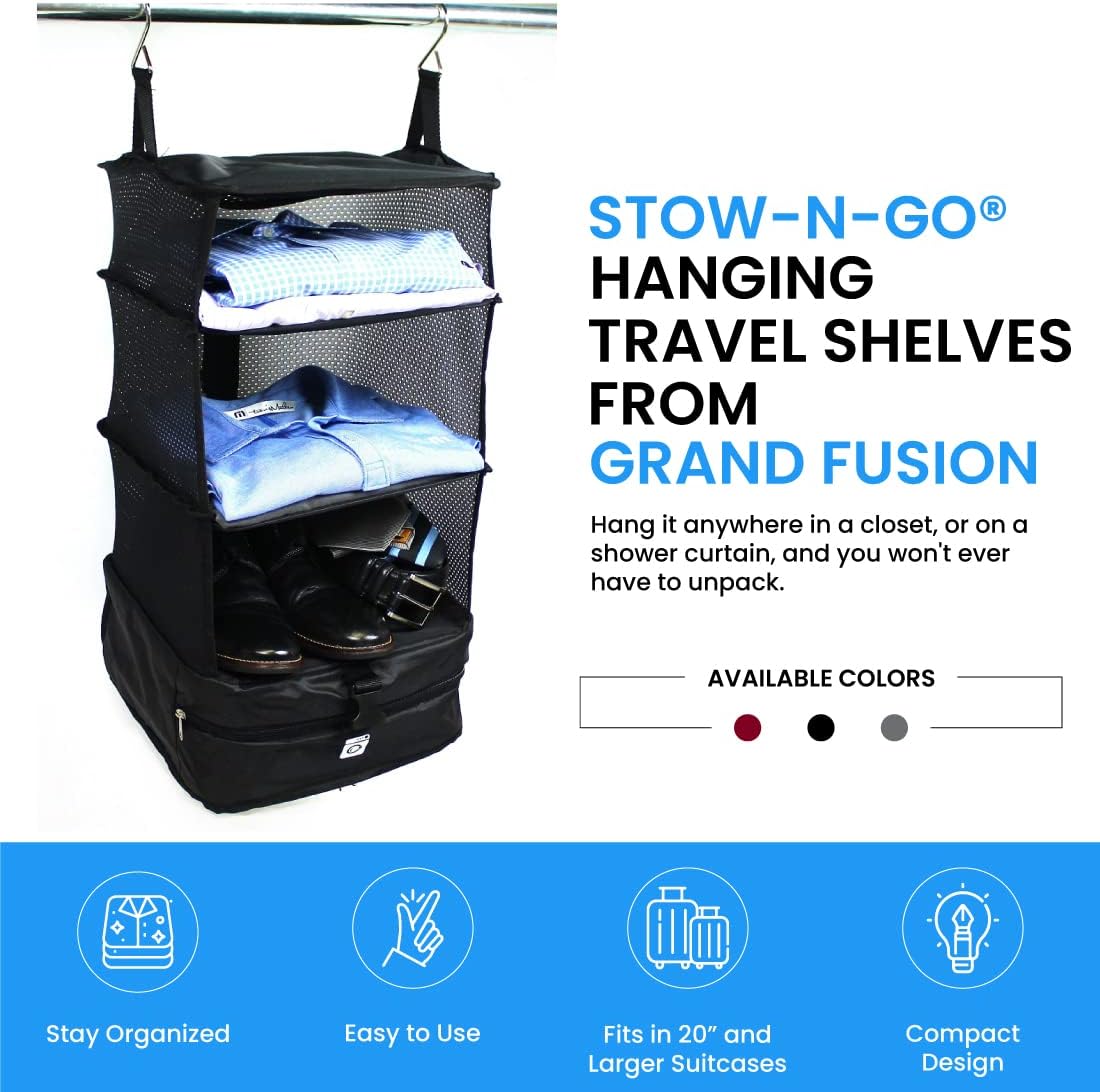 Grand Fusion Stow-N-Go Hanging Travel Shelves, Packing Organizer for Luggage. Carry on Closet for Suitcase. Expandable Packing Cube. Travel Essentials. (Black - L, L = (L) 11.8" x (W) 11.8")