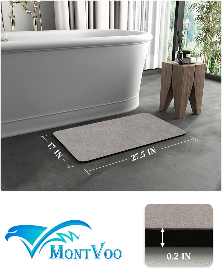 MontVoo -Bath Mat-Rubber Backing Non SlipThin Bathroom Rugs Fit Under Door- Quick Dry Absorbent Faux Suede Surface Grey Bathroom Floor Mats-Shower Rug for in Front of Bathtub Shower Gray 16x24