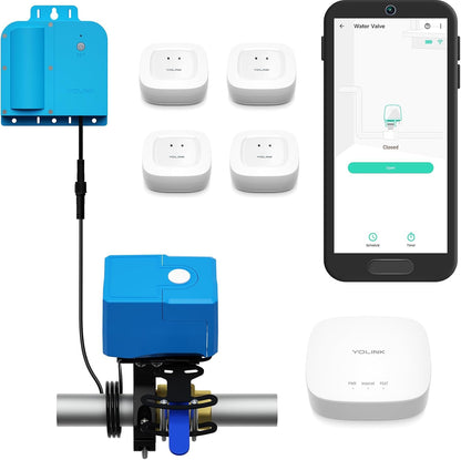 YoLink Smart Water Leak Protection System Kit: Bulldog Valve Robot, Smart Valve Controller 2, 3 Water Leak Sensors, Hub