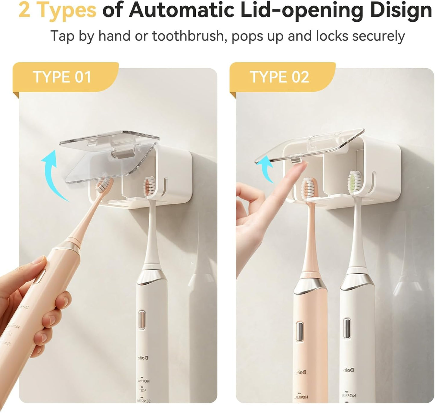 MOPMS Toothbrush Holders for Bathrooms【2 Slot Independent Compartment Design】 2PCS Electric Toothbrush Holder Wall Mounted for Shower, Toothbrush Dispenser Storage Organizer with Cover for Family