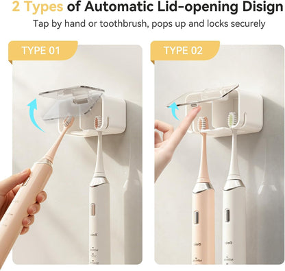 MOPMS Toothbrush Holders for Bathrooms【2 Slot Independent Compartment Design】 2PCS Electric Toothbrush Holder Wall Mounted for Shower, Toothbrush Dispenser Storage Organizer with Cover for Family