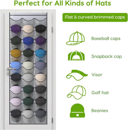 Baseball Hat Rack, 24 Pocket Over-The-Door Hat Organizer with Clear Deep Pockets to Display Baseball Caps Collection, Complete with 3 Over Door Hooks (Black, 24 Pockets)