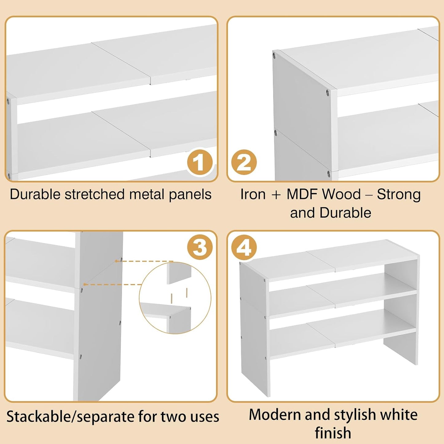 X-cosrack 2 Pack 2-Tier Shoe Rack Organizer for Closet, Expandable and Adjustable White Shoe Rack, Stackable Iron Wood Combination Shoe Storage Shelves for Closets, Entryway, Small Space, Garage