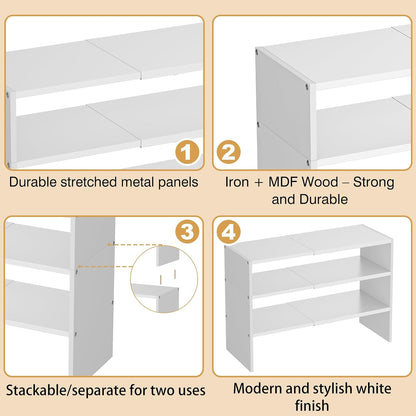 X-cosrack 2 Pack 2-Tier Shoe Rack Organizer for Closet, Expandable and Adjustable White Shoe Rack, Stackable Iron Wood Combination Shoe Storage Shelves for Closets, Entryway, Small Space, Garage