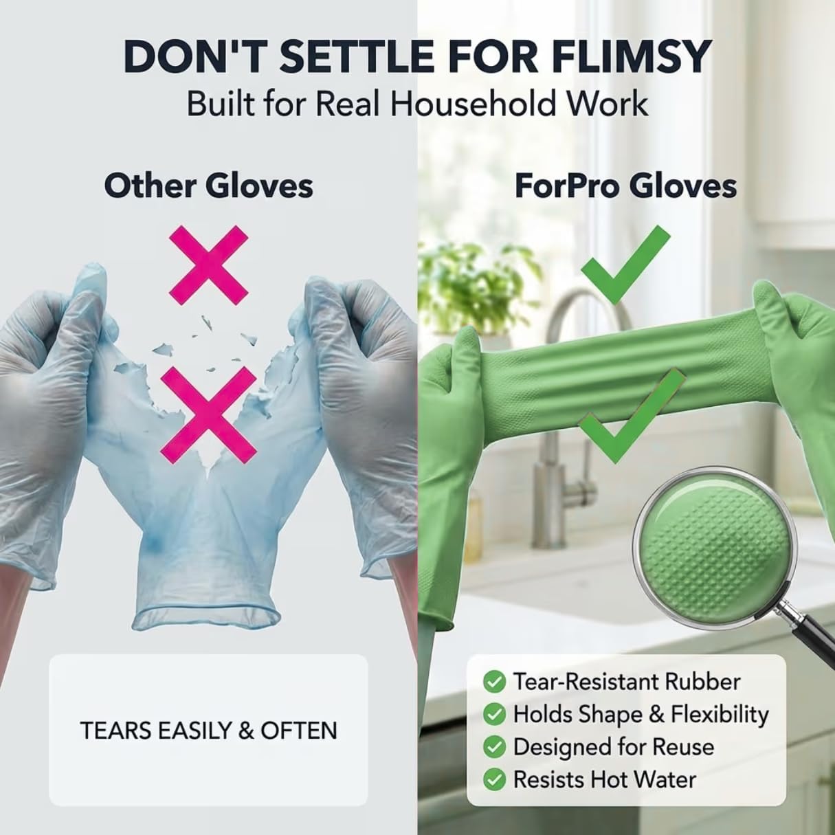 ForPro Natural Rubber Gloves, 6 Pairs Reusable Multi-Purpose Household Cleaning Gloves with Soft Inner Lining, Waterproof & Chemical-Resistant, Wild Cherry, Small