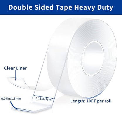 Nano Double Sided Heavy Duty Mounting Tape 2 Rolls, 20FT Total, 120 x 1.18 Inch, Removable Washable Reusable Adhesive Tape for Wall Hanging, Home Decor, Posters, Crafts, Classroom & Office