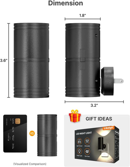 Likelgn Night Light Plug into Wall, 2 Pack Dimmable LED Nightlight with Dusk to Dawn Sensor, Soft White Glow, for Hallway, Bathroom, Bedroom, Black