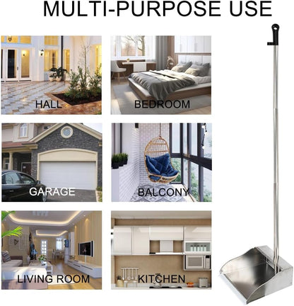 Stainless Steel Dustpan with Outdoor Stiff Bristles Broom,Long Handle Metal Dust Pan and Heavy Duty Broom for Home,Lobby,Office