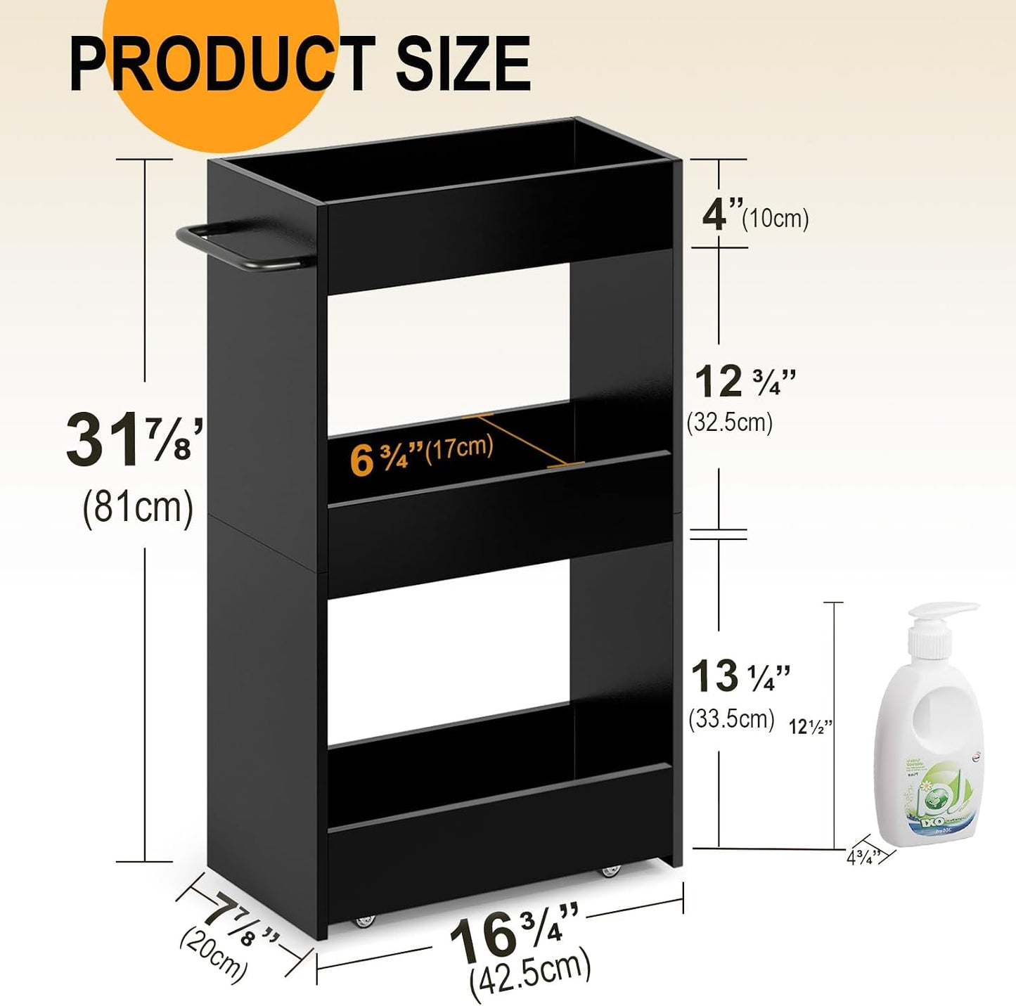 MARTY Wood Rolling Storage Cart 7.9" W, 3 Tier White Slim Utility Kitchen Cart on Wheels Laundry Room Bathroom Organizers Narrow Shelves with Handle Mobile Shelving Unit for Small Places