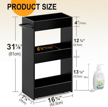 MARTY Wood Rolling Storage Cart 7.9" W, 3 Tier White Slim Utility Kitchen Cart on Wheels Laundry Room Bathroom Organizers Narrow Shelves with Handle Mobile Shelving Unit for Small Places