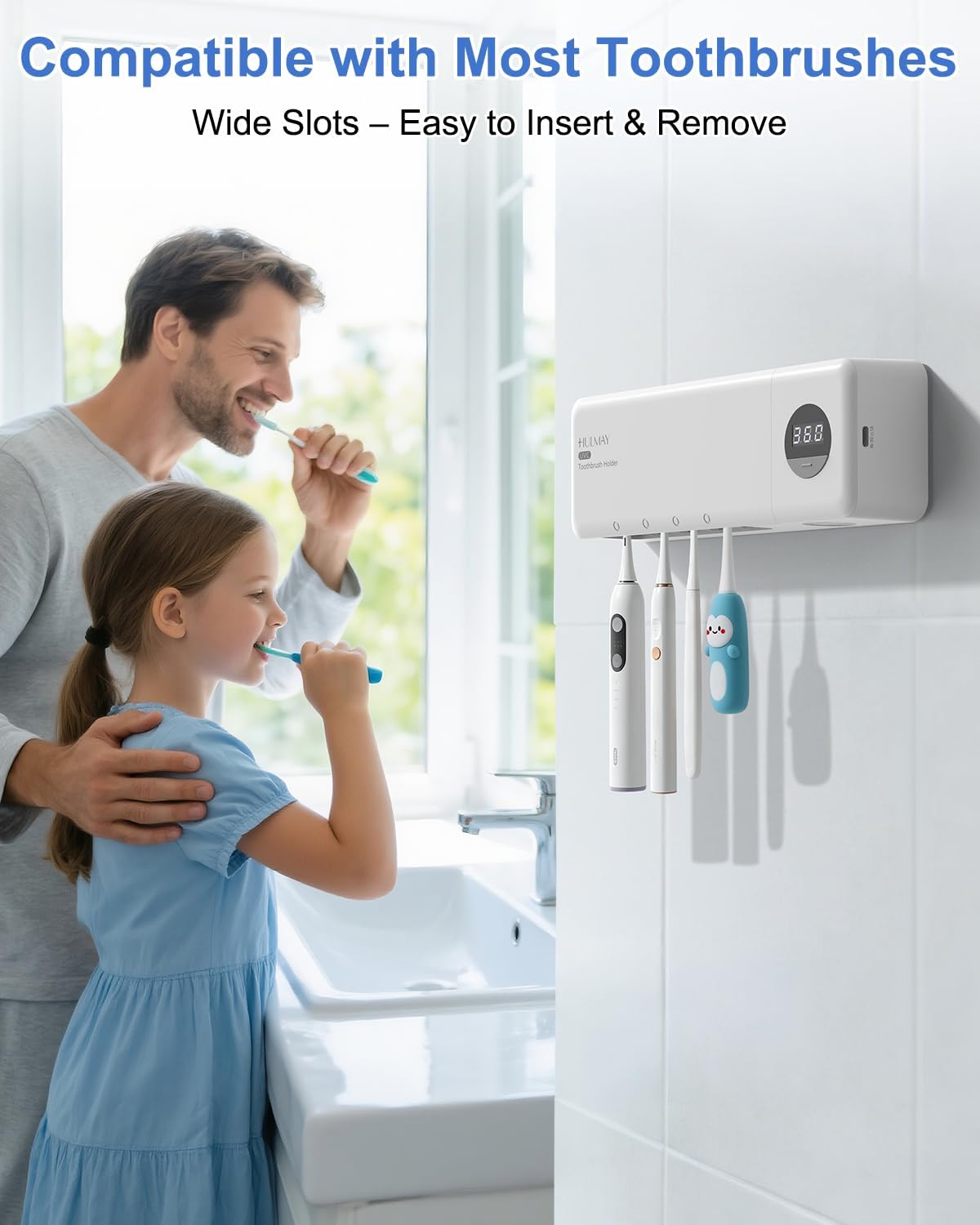 UV Toothbrush Sanitizer with Holder, Electric Toothbrush Holder Wall Mounted with Cover for 4 Slots, 2000mAh Rechargeable with Timer, Cordless Bathroom Organizer - White