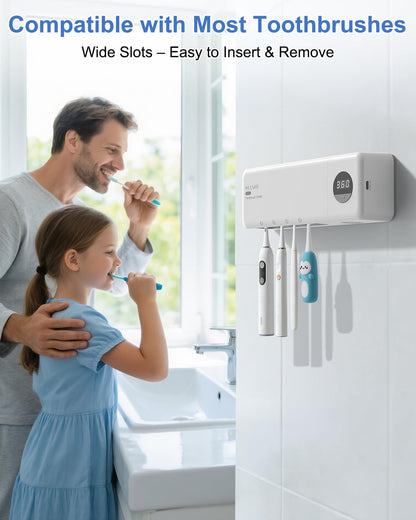 UV Toothbrush Sanitizer with Holder, Electric Toothbrush Holder Wall Mounted with Cover for 4 Slots, 2000mAh Rechargeable with Timer, Cordless Bathroom Organizer - White