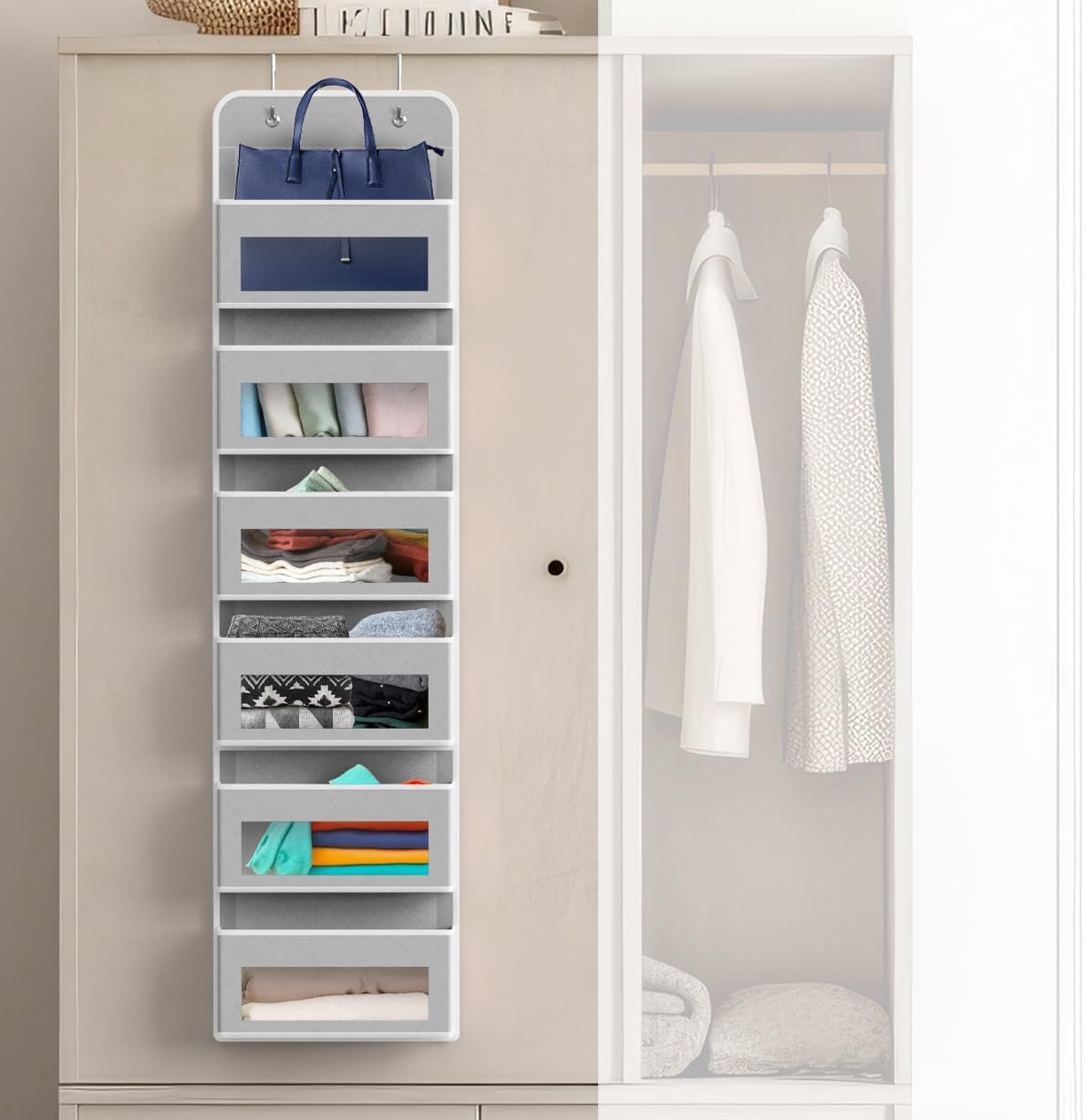 Simple Houseware 6 Clear Window Pocket Over Closet Door Storage Hanging Organizer for Bedroom, Bathroom, Pantry, Beige