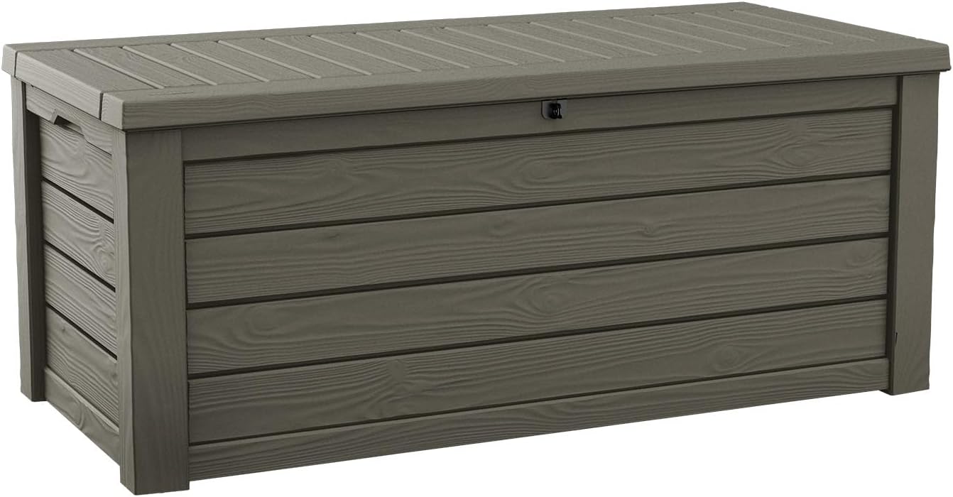 Keter 150 Gallon Resin Large Deck Box Organization and Storage Box for Patio, Outdoor Cushions, Garden Tools, Brown | Hydraulic Pistons, Resin, Weatherproof
