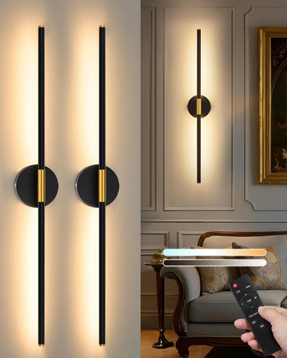 24 Inch Battery Operated Wall Sconce Set of 2, Dimmable Battery Sconces with Remote Control, 8000 mAh Rechargeable Sconces, 350° Rotate Modern LED Lights for Bedroom, Living Room, Black Gold