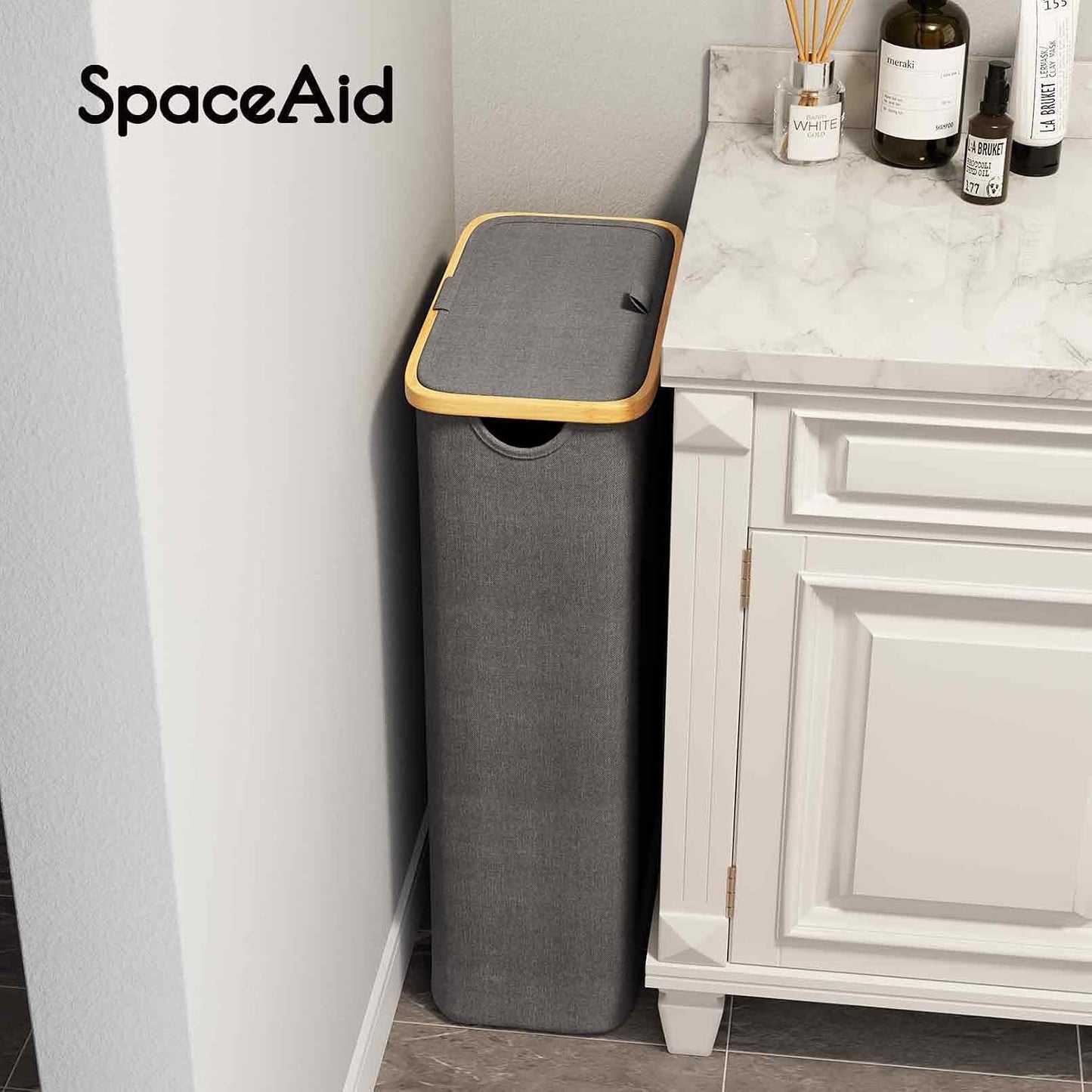 SpaceAid Double Laundry Hamper 2 Section with Lid and Removable Laundry Bags, 160L Clothes Basket with Bamboo Handles, Large Collapsible Hamper for Bedroom, Bathroom, Dorm, Laundry Room - White