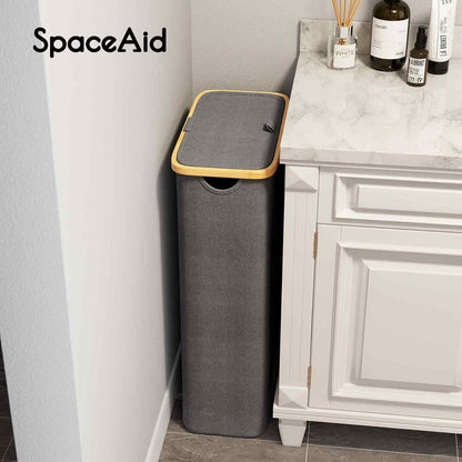 SpaceAid Double Laundry Hamper 2 Section with Lid and Removable Laundry Bags, 160L Clothes Basket with Bamboo Handles, Large Collapsible Hamper for Bedroom, Bathroom, Dorm, Laundry Room - White
