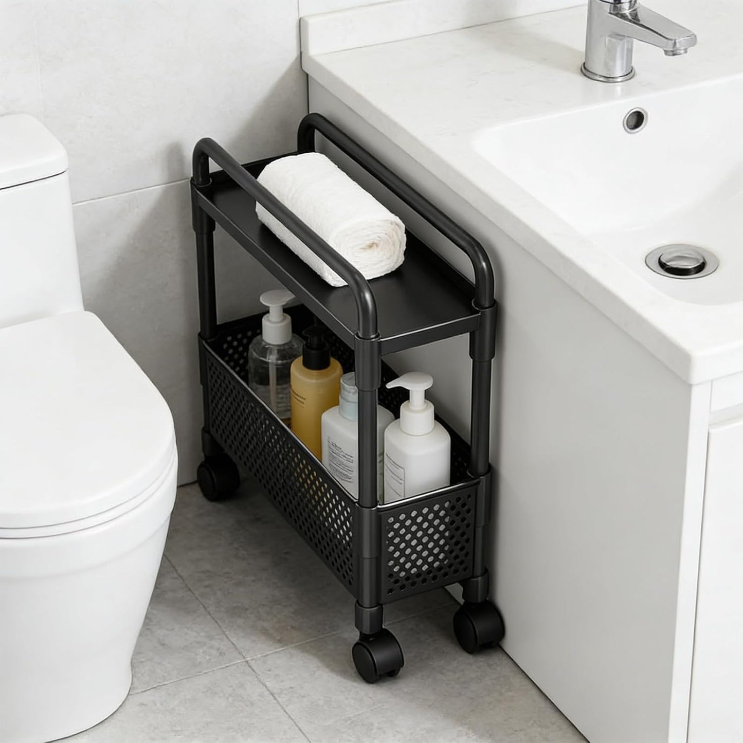 2-Tier Rolling Storage Cart with Wheels, Slim Plastic Organizer Rack for Kitchen, Bedroom, and Bathroom, 15.74x5.12x16.54in (White)