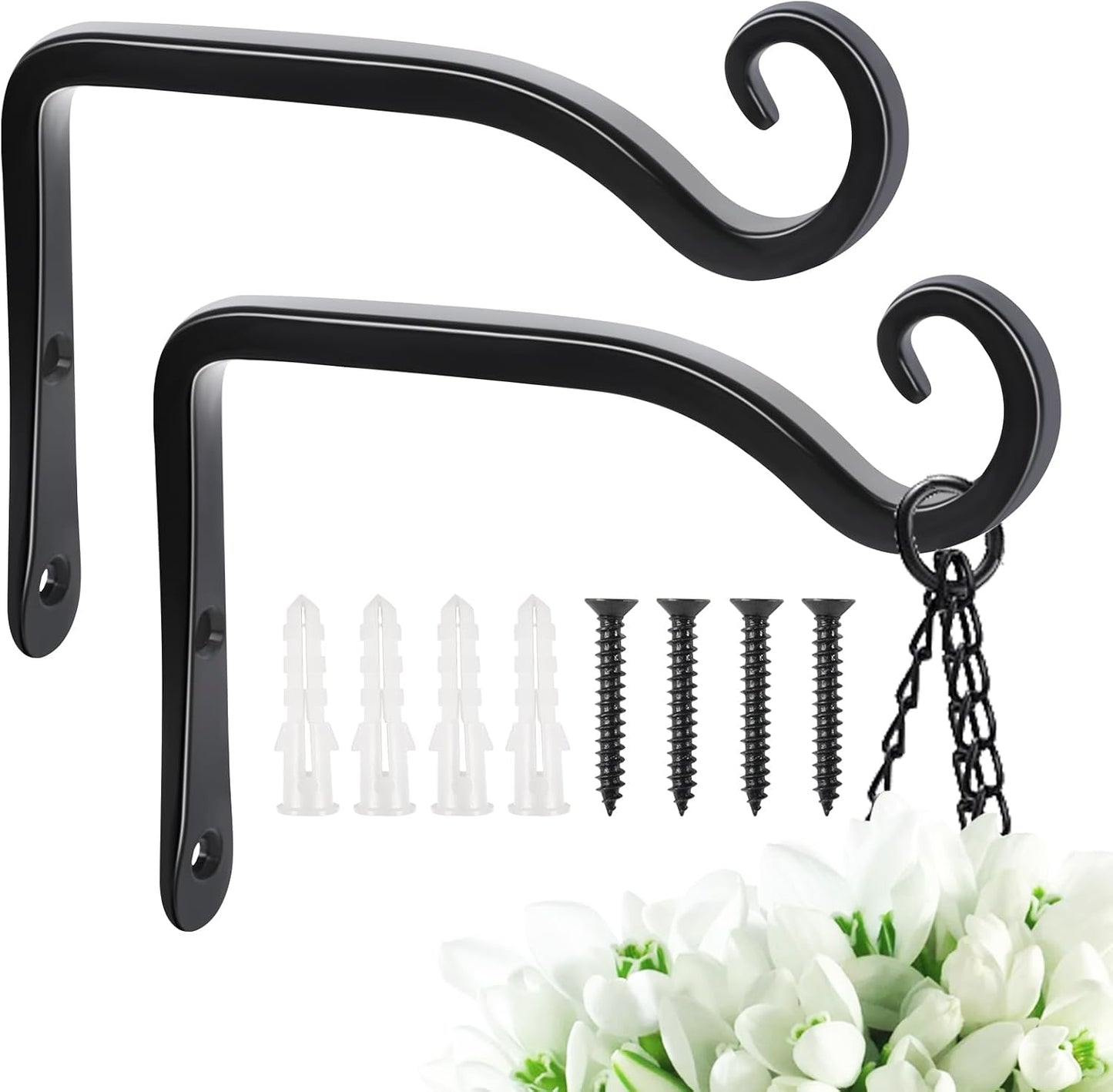 FEED GARDEN Heavy Duty Plant Hangers Outdoor Indoor, 8 Inch 2 Pack Metal Hanging Bracket Holds Up to 44 lbs, Wall Brackets for Hanging Baskets, Bird Feeders,Wind Chime& Lanterns, Black
