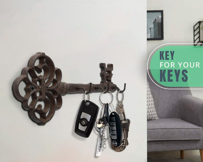 Comfify Brown Cast Iron Skeleton Key Wall Hook – 3 Hooks, 10.8" L | Brown; cast iron; 10.8"L x 2"W x 4.7"H; 3 hooks; KEYS embossed; matching brown screws; farmhouse entryway decor
