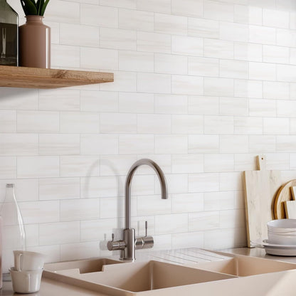 Vamos Tile 100-Piece Glossy Dolomite White Peel and Stick Backsplash Tile,3''x6'' PVC Subway Tile with White Grout, Stick on Backsplash for Kitchen/Bathroom/Fireplace