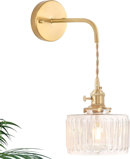 Shenmoyl Vintage Battery Operated Wall Sconce with Clear Striped Glass Lampshade 5000 mAh Rechargeable Battery Powered Wall Light with Remote Control for Bedside Bedroom Doorway, Set of 2
