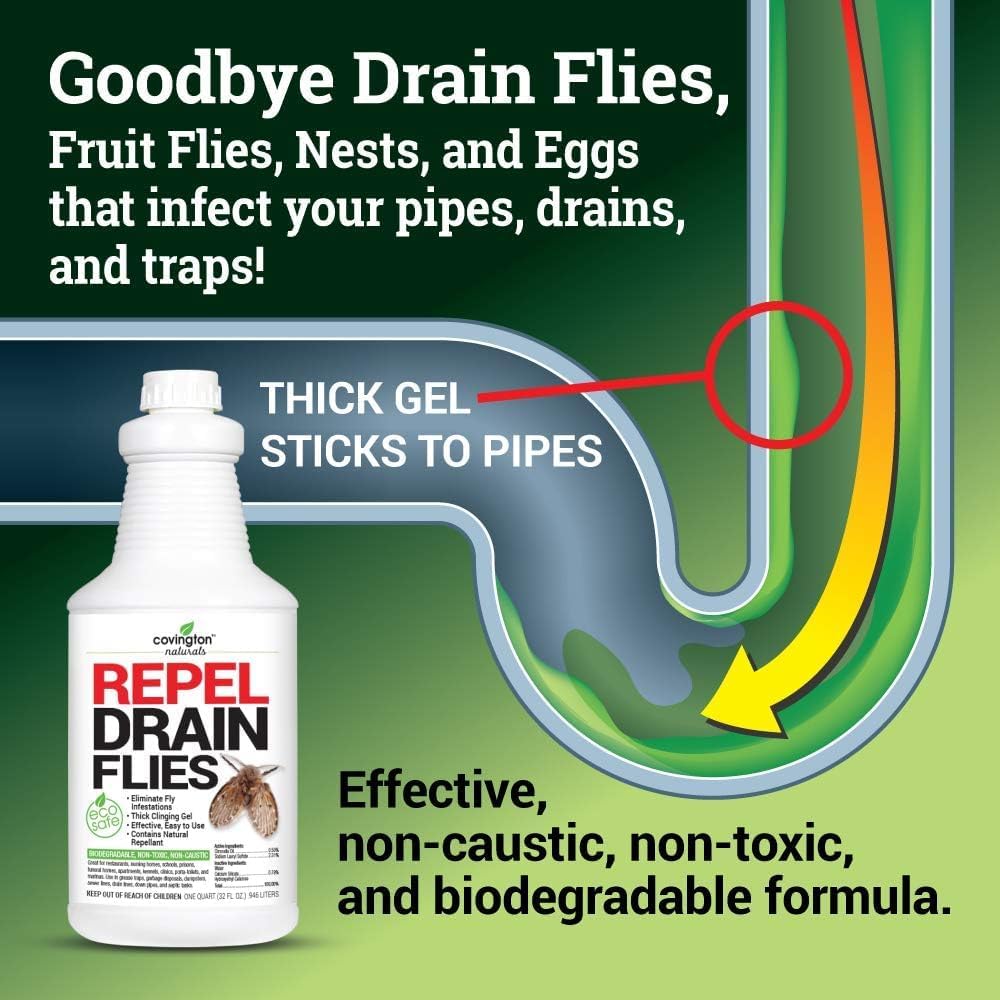 Covington Drain Fly Treatment Gel (32oz) Drain Maintenance & Odor Control for Kitchen & Bathroom Drains, Plant Based Thick Clinging Formula Breaks Down Grease & Organic Build-Up. Made in USA