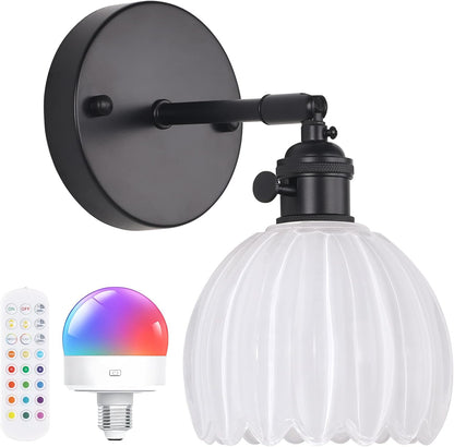 Shenmoyl Vintage Battery Operated Wall Sconce with Transparent Tulip Glass Lampshade Rechargeable Battery Powered Wall Light with Remote Control for Bedside Bedroom Doorway, Set of 2