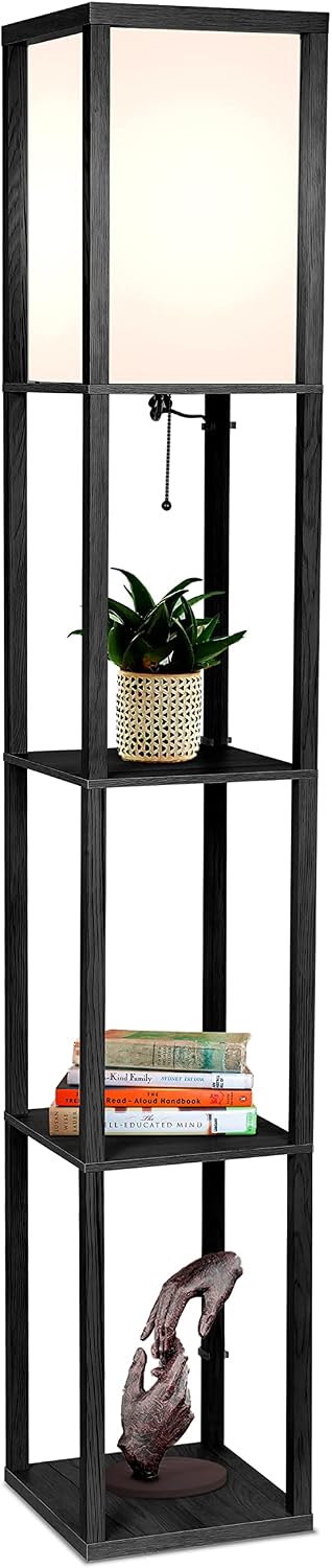 Brightech Maxwell - Modern Shelf Floor Lamp with Lamp Shade & Warm White LED Bulb, Corner Display Floor Lamp with Shelves for Living Room, Bedroom, Nightstand Office, Home Decor Storage - Natural Wood