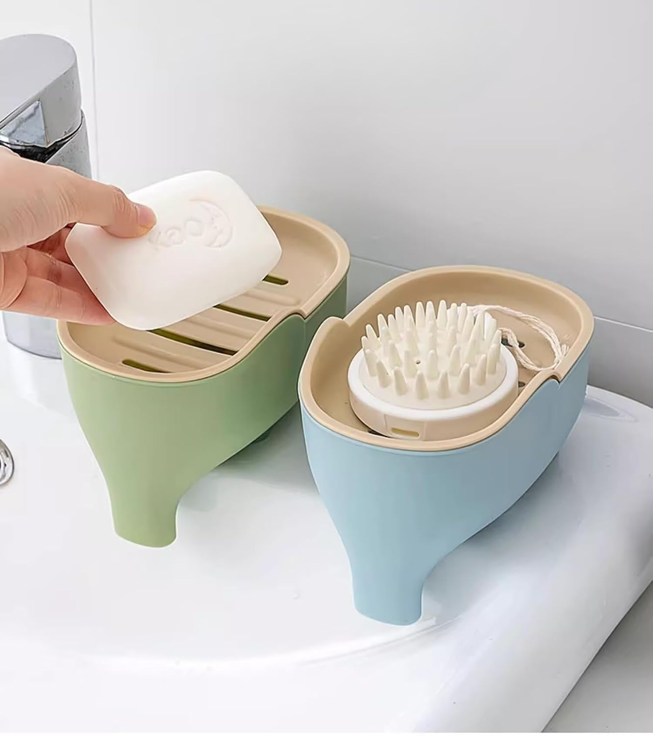 Soap Dish Holder for Shower Bar Double Layer Cute Lotus Shape Adhesive Tray Sink Wall Mounted Shampoo NO-Drilling Self Draining Hanging Saver Rack Plastic Bathroom Bathtub Kitchen，Pink