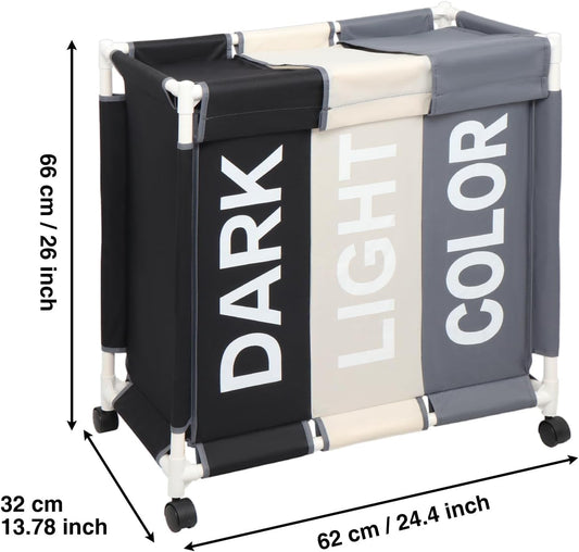 Laundry Basket 3 Section Freestanding Laundry Hamper Dirty Clothes Basket Sorter with Lid and Rolling Wheel, White+Dark+Grey
